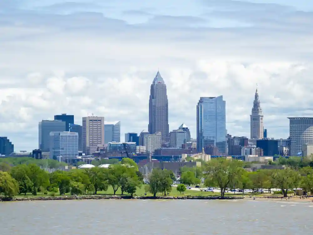 The downtown Cleveland skyline seen across Lake Erie from Edgewater Park